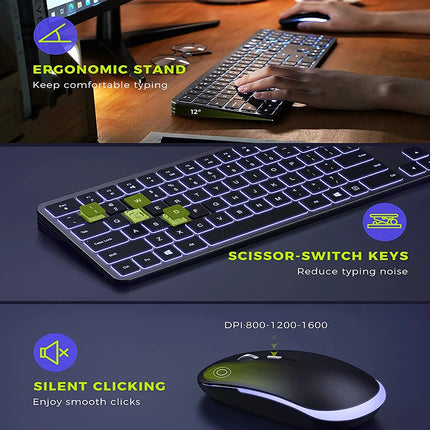 Backlight Wireless Keyboard and Mouse Combo 2.4G USB Silent Keyboard Set Rechargeable Full-Size Slim Keyboard & Mouse Set HEBDO STORE