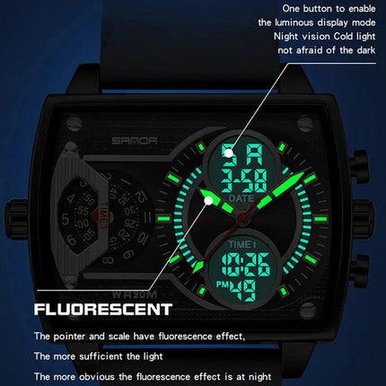 Gold Big Dial Three Time Men Wrist Watches Stainless Steel Men Sports Digital Military Quartz Watch Luminous Male Clock Dropship HEBDO STORE