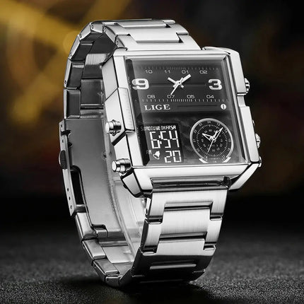 LIGE Top Brand Luxury Fashion Men Watches Gold Steel Sport Square Digital Analog Big Quartz Watch for Man Relogio Masculino+BOX HEBDO STORE