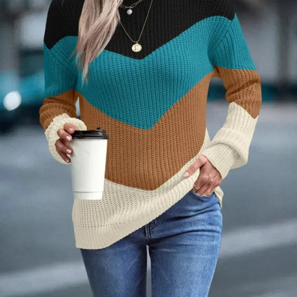 Knit Sweaters Women Jumpers Striped Print Round Neck Streetwear Pullover Top Casual Long Sleeve Warm Sweater Autumn Winter HEBDO