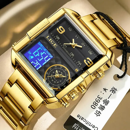 LIGE Top Brand Luxury Fashion Men Watches Gold Steel Sport Square Digital Analog Big Quartz Watch for Man Relogio Masculino+BOX HEBDO STORE