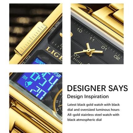 LIGE Top Brand Luxury Fashion Men Watches Gold Steel Sport Square Digital Analog Big Quartz Watch for Man Relogio Masculino+BOX HEBDO STORE