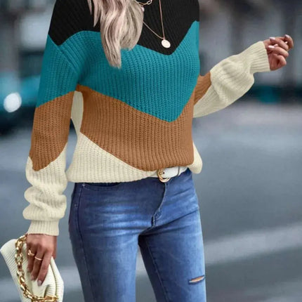 Knit Sweaters Women Jumpers Striped Print Round Neck Streetwear Pullover Top Casual Long Sleeve Warm Sweater Autumn Winter HEBDO