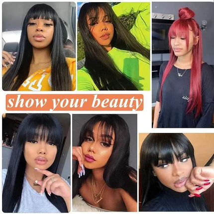 Brazilian Bone Straight Long 100% Human Hair Wigs With Bangs Natural Black Fringe Wig With Bangs For Women cheap wigs on Sale HEBDO STORE