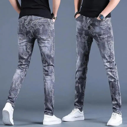 Spring Autumn Boyfriend Long Skinny Jeans Man Korean Fashion Designer Kpop Punk Star Print Denim Luxury Stretch Tight Pants Men Hebdo Store