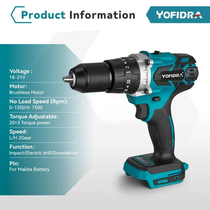 Yofidra 13mm 20+3 480N.M Torque Brushless Hammer Drill Cordless Electric Impact Drill Screwdriver for makita 18V Battery Tool Hebdo Store