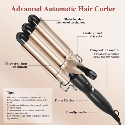 Curling Iron Wand With Lcd Temperature Display - 1 Inch Ceramic Tourmaline Triple Barrels Coating Hair Curler HEBDO STORE