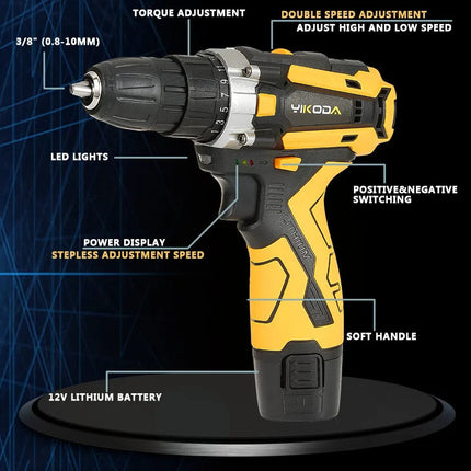 YIKODA 12/16.8/21V Cordless Drill Rechargeable Electric Screwdriver Lithium Battery Household Multi-function 2 Speed Power Tools Hebdo Store