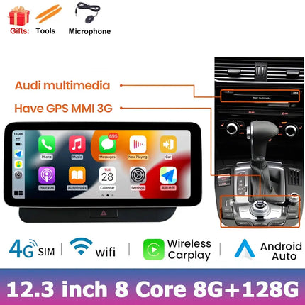 Car Stereo Android Auto Wireless Carplay 8 Core 12.3" For Audi Q5 2009-2016 RHD WIFI 4G SIM Split Screen BT GPS Navi Multimedia HEBDO