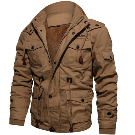 Men's cargo jacket autumn winter warm fleece hooded coat top casual military removable cotton men's clothing multiple pockets HEBDO STORE