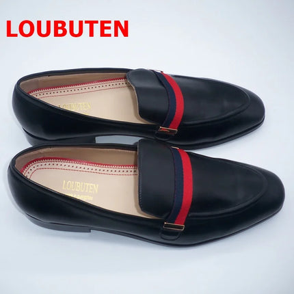 LOUBUTEN Luxury Fashion Italian Black Genuine Leather Loafers Handmade Men Dress Shoes Slip On Party Wedding Shoes HEBDO STORE