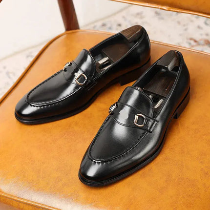 business dress leather shoes toe cover metal title buckle top layer leather men's shoes fashion men's single shoes we HEBDO STORE