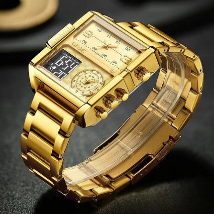 LIGE Top Brand Luxury Fashion Men Watches Gold Steel Sport Square Digital Analog Big Quartz Watch for Man Relogio Masculino+BOX HEBDO STORE