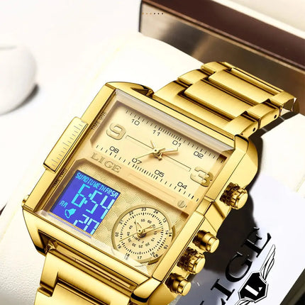 LIGE Top Brand Luxury Fashion Men Watches Gold Steel Sport Square Digital Analog Big Quartz Watch for Man Relogio Masculino+BOX HEBDO STORE