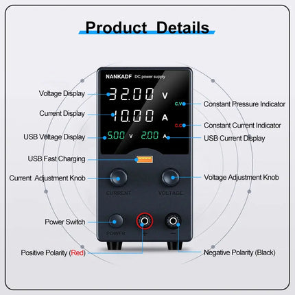 NANKADF DC Power Supply, 0-30V 0-10A with High Accuracy 4-Digit LED Display, 5V/2A USB Port, Encoder Adjustment N-GA3010H HEBDO