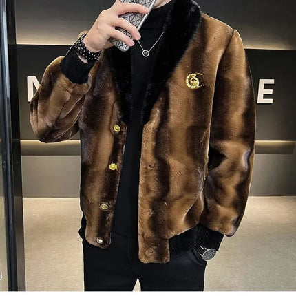 Winter New Men High Quality Faux Fur Coat Male Mink Fur Slim V-neck Fashion Outwear Casual Large Size Solid Color Warm Outcoat HEBDO STORE