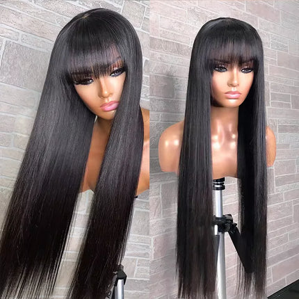 Straight Wig With Bangs 100% Human Hair Wig Without Glue Brazil Full Machine Made Fringe Remy Hair 30 Inch 100% Human Hair Bang HEBDO STORE