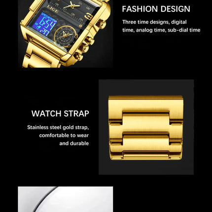 LIGE Top Brand Luxury Fashion Men Watches Gold Steel Sport Square Digital Analog Big Quartz Watch for Man Relogio Masculino+BOX HEBDO STORE