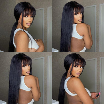 Straight Wig With Bangs 100% Human Hair Wig Without Glue Brazil Full Machine Made Fringe Remy Hair 30 Inch 100% Human Hair Bang HEBDO STORE