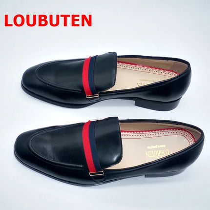 LOUBUTEN Luxury Fashion Italian Black Genuine Leather Loafers Handmade Men Dress Shoes Slip On Party Wedding Shoes HEBDO STORE