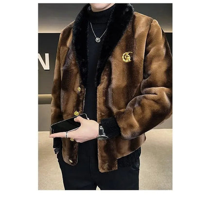 Winter New Men High Quality Faux Fur Coat Male Mink Fur Slim V-neck Fashion Outwear Casual Large Size Solid Color Warm Outcoat HEBDO STORE