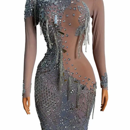 Bar Nightclub Party Dress Stage Performance Fashion Mesh Sexy Perspective Shiny Rhinestone Lenses Diamond Chain Dress HEBDO STORE