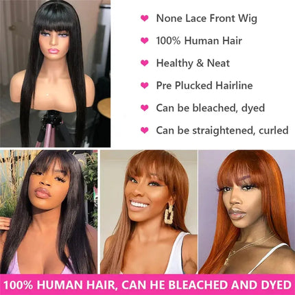 Brazilian Bone Straight Long 100% Human Hair Wigs With Bangs Natural Black Fringe Wig With Bangs For Women cheap wigs on Sale HEBDO STORE