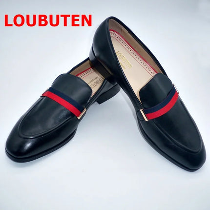 LOUBUTEN Luxury Fashion Italian Black Genuine Leather Loafers Handmade Men Dress Shoes Slip On Party Wedding Shoes HEBDO STORE