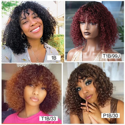 200% Density Jerry Curl Short Pixie Cut Bob Wig Ombre 1B/33 Brazilian Human Hair Wigs With Bang Natual Black Red 99j Remy Hair HEBDO STORE