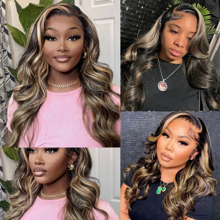 13x6 Highlight Ombre Lace Front Wig Human Hair #1b27 Balayage Body Wave HD Lace Frontal Wigs Black and Blonde Highlight Wavy Wig Hebdo Store