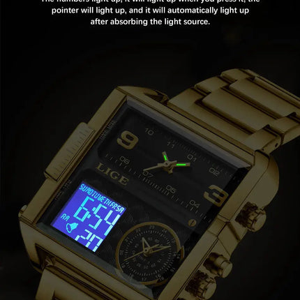 LIGE Top Brand Luxury Fashion Men Watches Gold Steel Sport Square Digital Analog Big Quartz Watch for Man Relogio Masculino+BOX HEBDO STORE