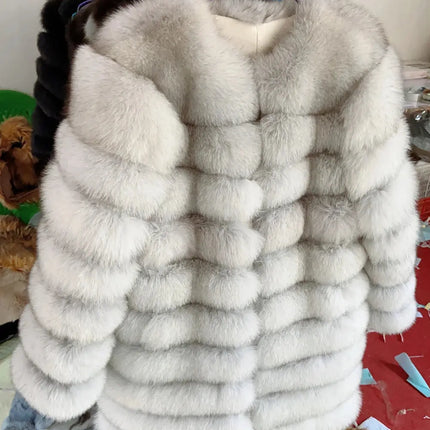 QUEENTINA Real Fox Fur Coat Winter Women's Long Sleeves Clothing HEBDO