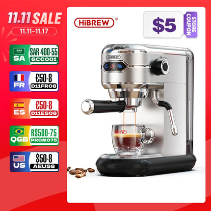 HiBREW Coffee Maker Cafetera 19 Bar Inox Semi Automatic Super Slim ESE POD& Powder Espresso Cappuccino Machine Hot Water H11 HEBDO STORE