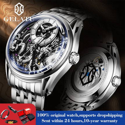 GELATU 6018 Hollow Dragon Mechanical Watch For Men Luxury Deep Waterproof Business Hand Clock Synthetic Sapphire Mirror Watches HEBDO STORE