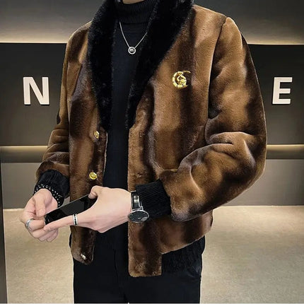 Winter New Men High Quality Faux Fur Coat Male Mink Fur Slim V-neck Fashion Outwear Casual Large Size Solid Color Warm Outcoat HEBDO STORE