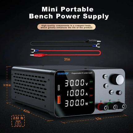 30V 10A Lab Adjustable DC Power Supply with 4-Digit LED Display; USB-A/Type-C 5V/3.6A Fast Charge with Encoder Adjustment HEBDO STORE