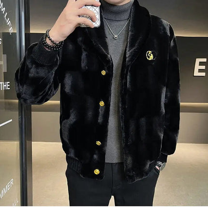 Winter New Men High Quality Faux Fur Coat Male Mink Fur Slim V-neck Fashion Outwear Casual Large Size Solid Color Warm Outcoat HEBDO STORE