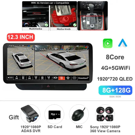 12.3 Inch Android 14 For Audi Q5 2009-2016 Car Radio Stereo WIFI 4G Split Screen BT GPS Navi Multimedia Carplay Auto 360 Camera HEBDO