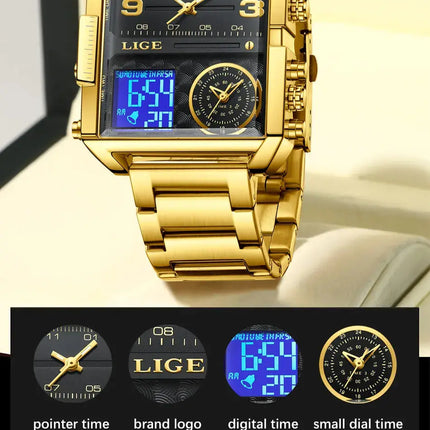 LIGE Top Brand Luxury Fashion Men Watches Gold Steel Sport Square Digital Analog Big Quartz Watch for Man Relogio Masculino+BOX HEBDO STORE