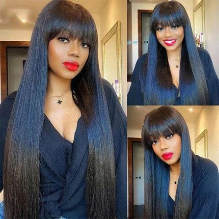 Straight Wig With Bangs 100% Human Hair Wig Without Glue Brazil Full Machine Made Fringe Remy Hair 30 Inch 100% Human Hair Bang HEBDO STORE