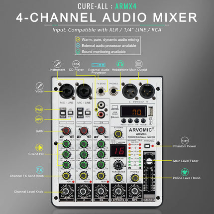 4-Channel Audio Mixer, ARVOMIC DJ Mixer with USB Audio Interface, Bluetooth Function, 16 DSP Effects, and 3-Band EQ (ARMX-4) Hebdo Store