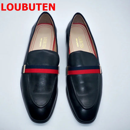 LOUBUTEN Luxury Fashion Italian Black Genuine Leather Loafers Handmade Men Dress Shoes Slip On Party Wedding Shoes HEBDO STORE