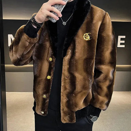 Winter New Men High Quality Faux Fur Coat Male Mink Fur Slim V-neck Fashion Outwear Casual Large Size Solid Color Warm Outcoat HEBDO STORE