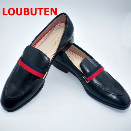 LOUBUTEN Luxury Fashion Italian Black Genuine Leather Loafers Handmade Men Dress Shoes Slip On Party Wedding Shoes HEBDO STORE