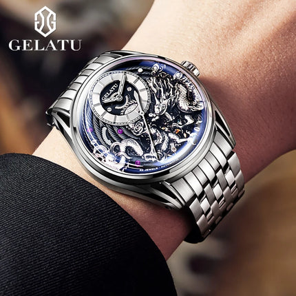 GELATU 6018 Hollow Dragon Mechanical Watch For Men Luxury Deep Waterproof Business Hand Clock Synthetic Sapphire Mirror Watches HEBDO STORE