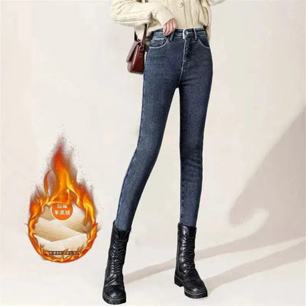 Winter Fleece Blue Women Jeans Thicken Stretchy Skinny Fleece Jeans Warm  Female Thick Velvet Lady Denim Pencil Pants Trousers FRANTZDOL STORE