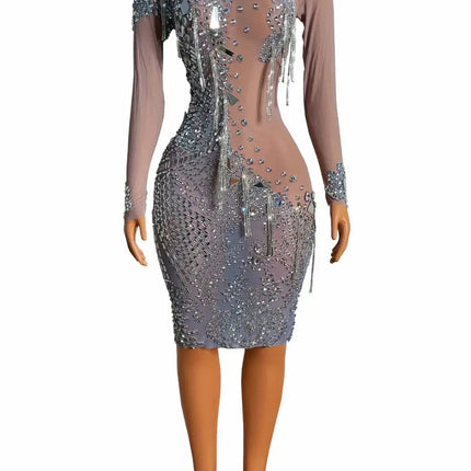 Bar Nightclub Party Dress Stage Performance Fashion Mesh Sexy Perspective Shiny Rhinestone Lenses Diamond Chain Dress HEBDO STORE