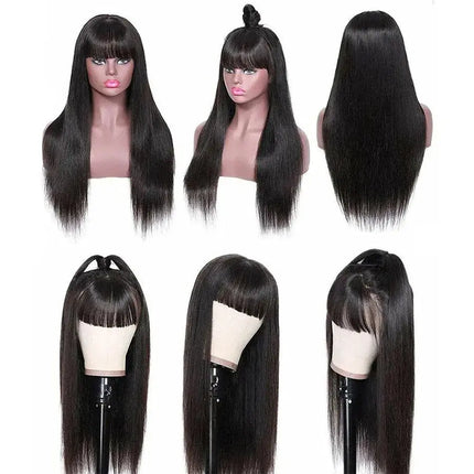 Brazilian Bone Straight Long 100% Human Hair Wigs With Bangs Natural Black Fringe Wig With Bangs For Women cheap wigs on Sale HEBDO STORE