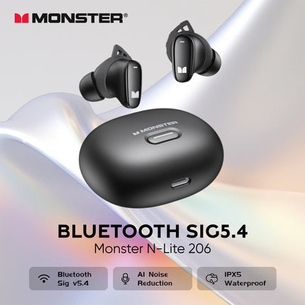 Monster N-Lite 206 Ture Wireless Headphones In-Ear Invisible Bluetooth Earbuds AI Noise Cancelling IPX5 Sports Earphone with Mic HEBDO STORE