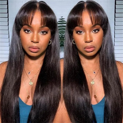 Straight Wig With Bangs 100% Human Hair Wig Without Glue Brazil Full Machine Made Fringe Remy Hair 30 Inch 100% Human Hair Bang HEBDO STORE